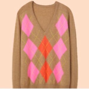 J Crew Argyle V Neck Cashmere Sweater